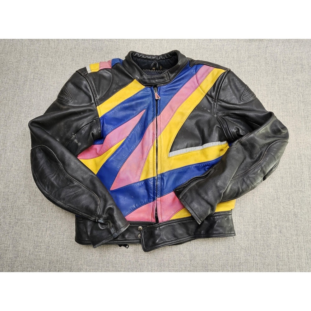 VINTAGE Hein Gericke Jacket Mens 46 Multicolor Leather Motorcycle Colorblock 80s